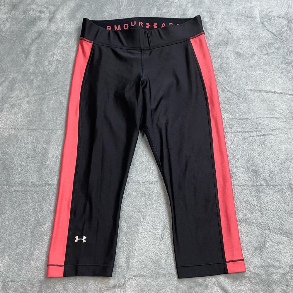 Under Armour Legging Large Womens Capri Crop Compression Black Coral Pink
